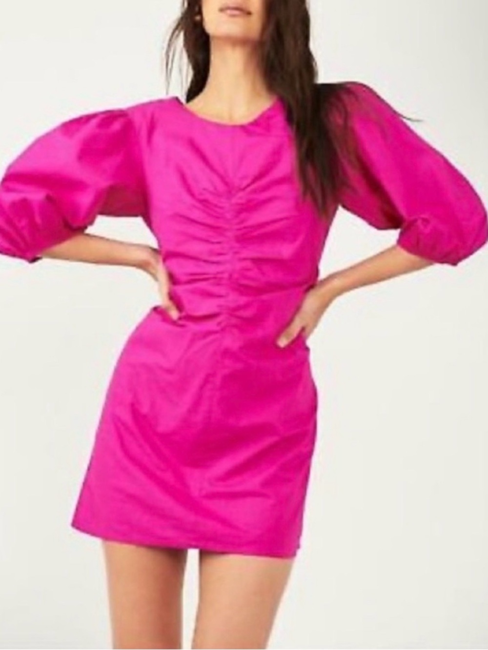 Free People Hot Pink Puff-Sleeve Mini Dress